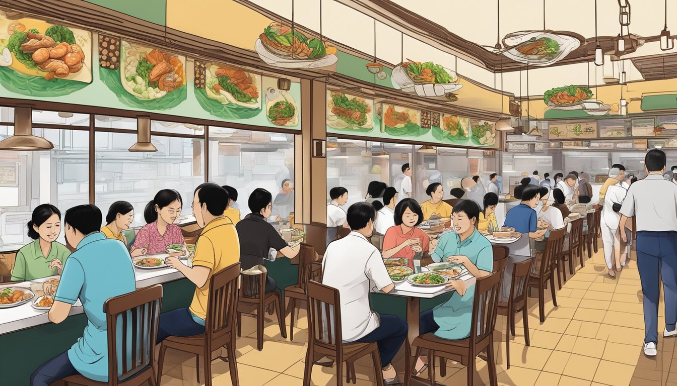 A bustling teochew restaurant in Toa Payoh, with tables filled with diners enjoying traditional dishes. The aroma of seafood and spices fills the air, while waitstaff bustle about attending to customers