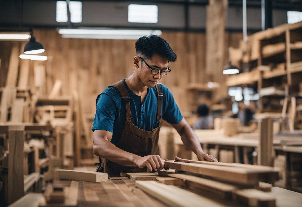 A wood carpenter in Singapore measures, cuts, and assembles wooden pieces with precision and skill, creating finely crafted furniture and structures