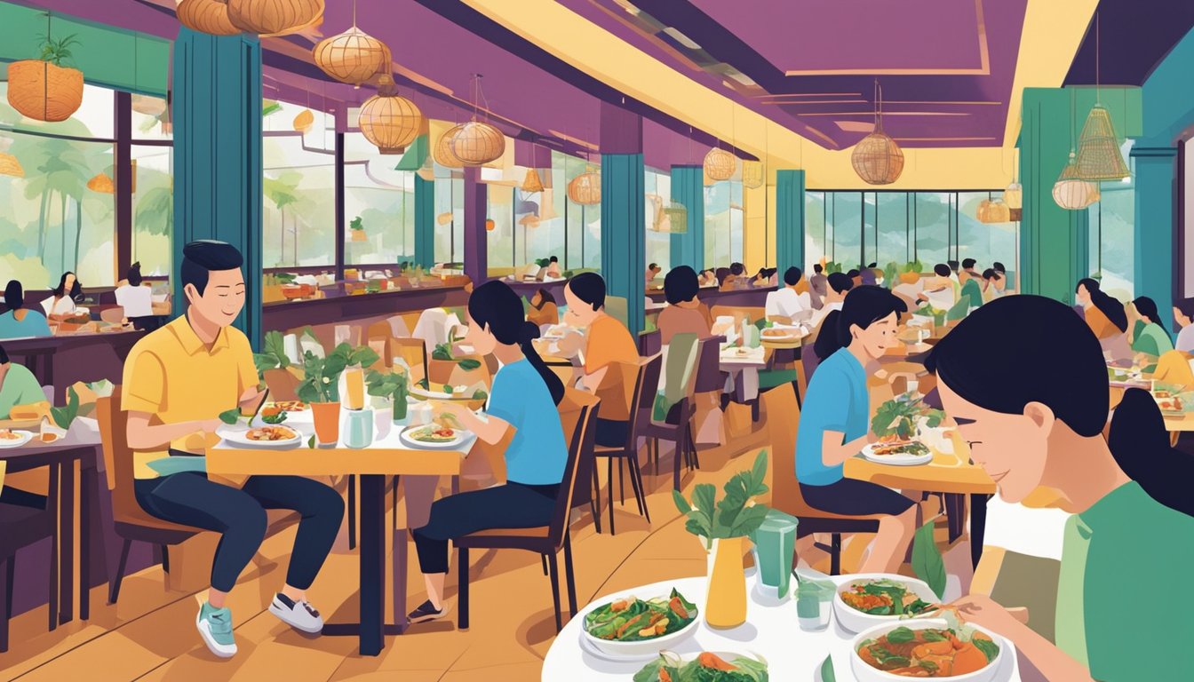 Customers enjoying a variety of vegetarian dishes at a bustling restaurant in Yishun. Vibrant colors and aromatic scents fill the air as diners savor their meals