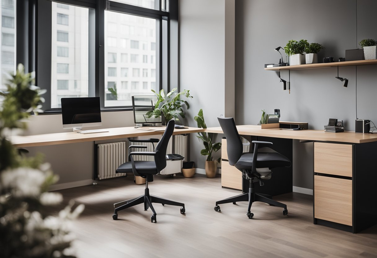 A small office with minimalist furniture, natural light, and neutral color scheme. Functional storage and ergonomic desk setup