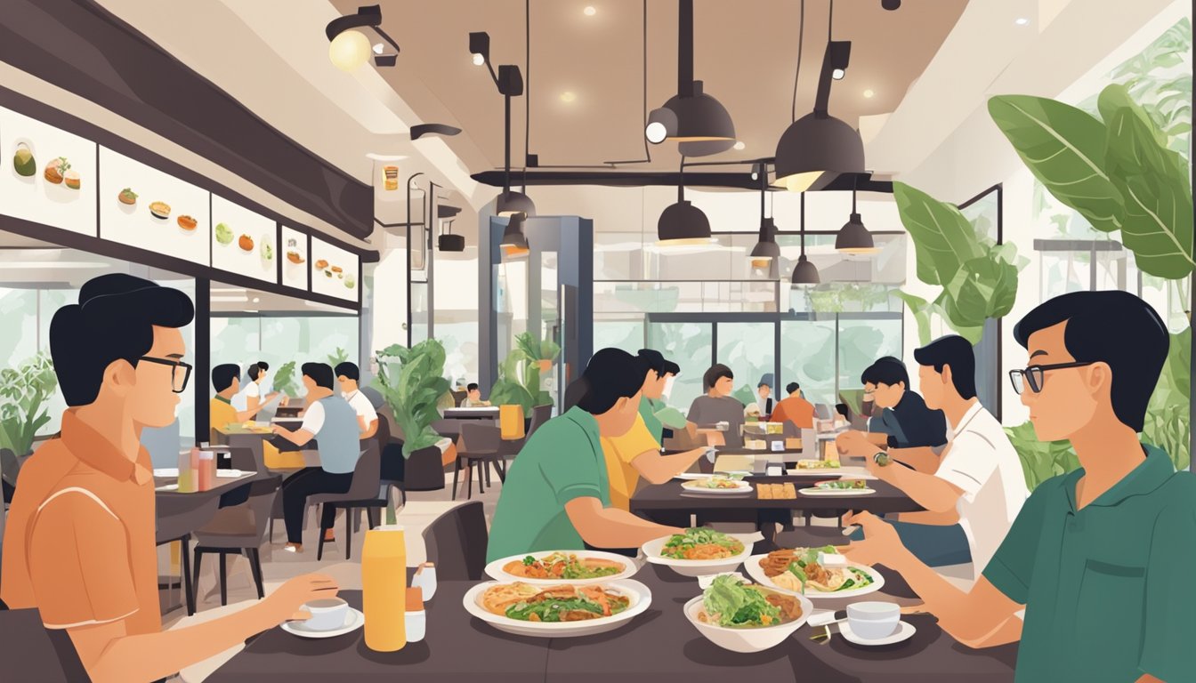The bustling interior of a vegetarian restaurant in Yishun, with customers enjoying their meals and staff attending to their needs