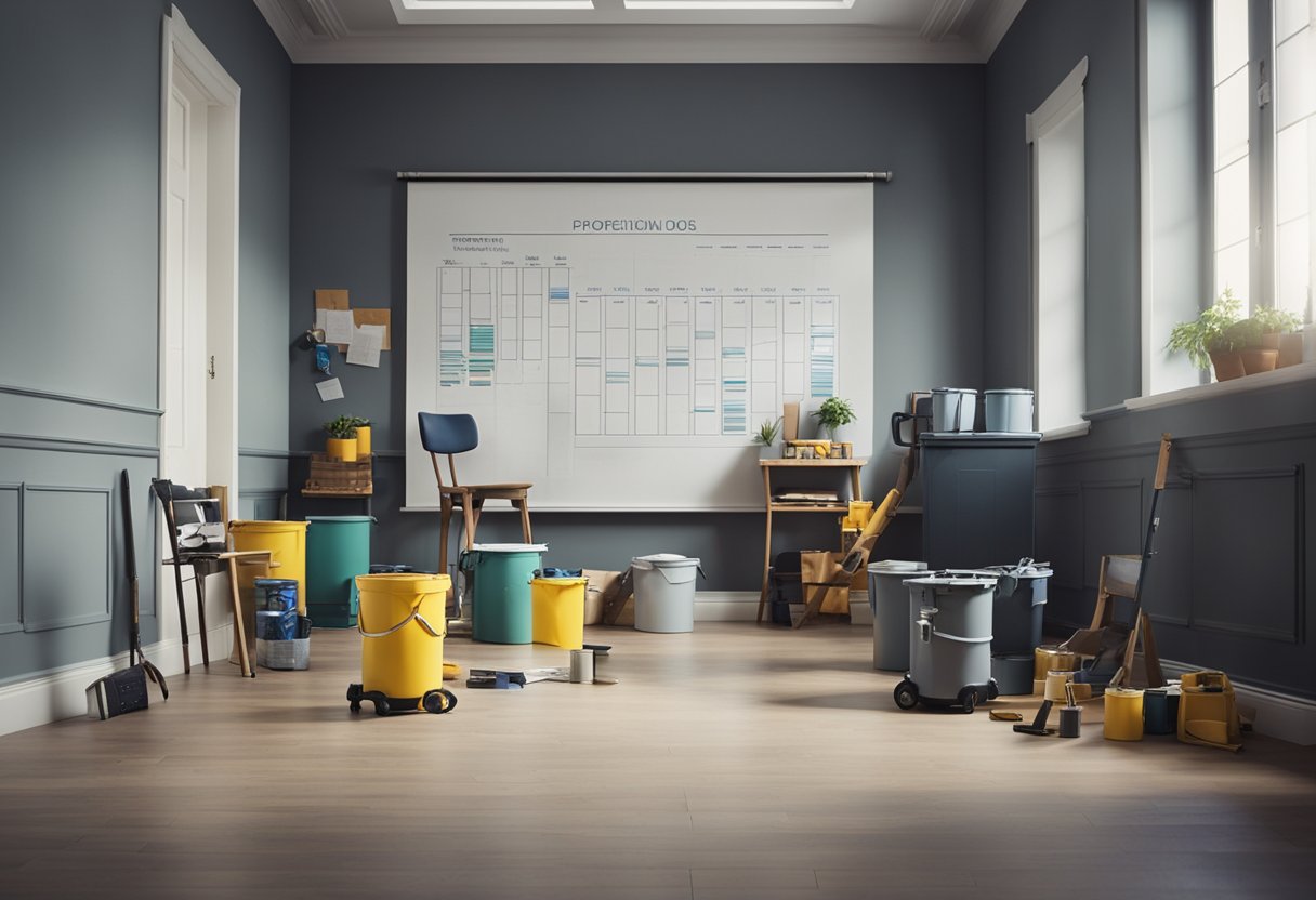 A room with empty walls and floors, furniture being moved in and out, paint cans and tools scattered around, and a timeline chart on the wall