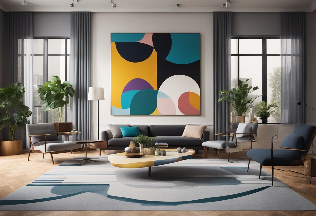 A cozy living room with a large abstract painting on the wall, a modern sculpture on a side table, and a colorful rug on the floor