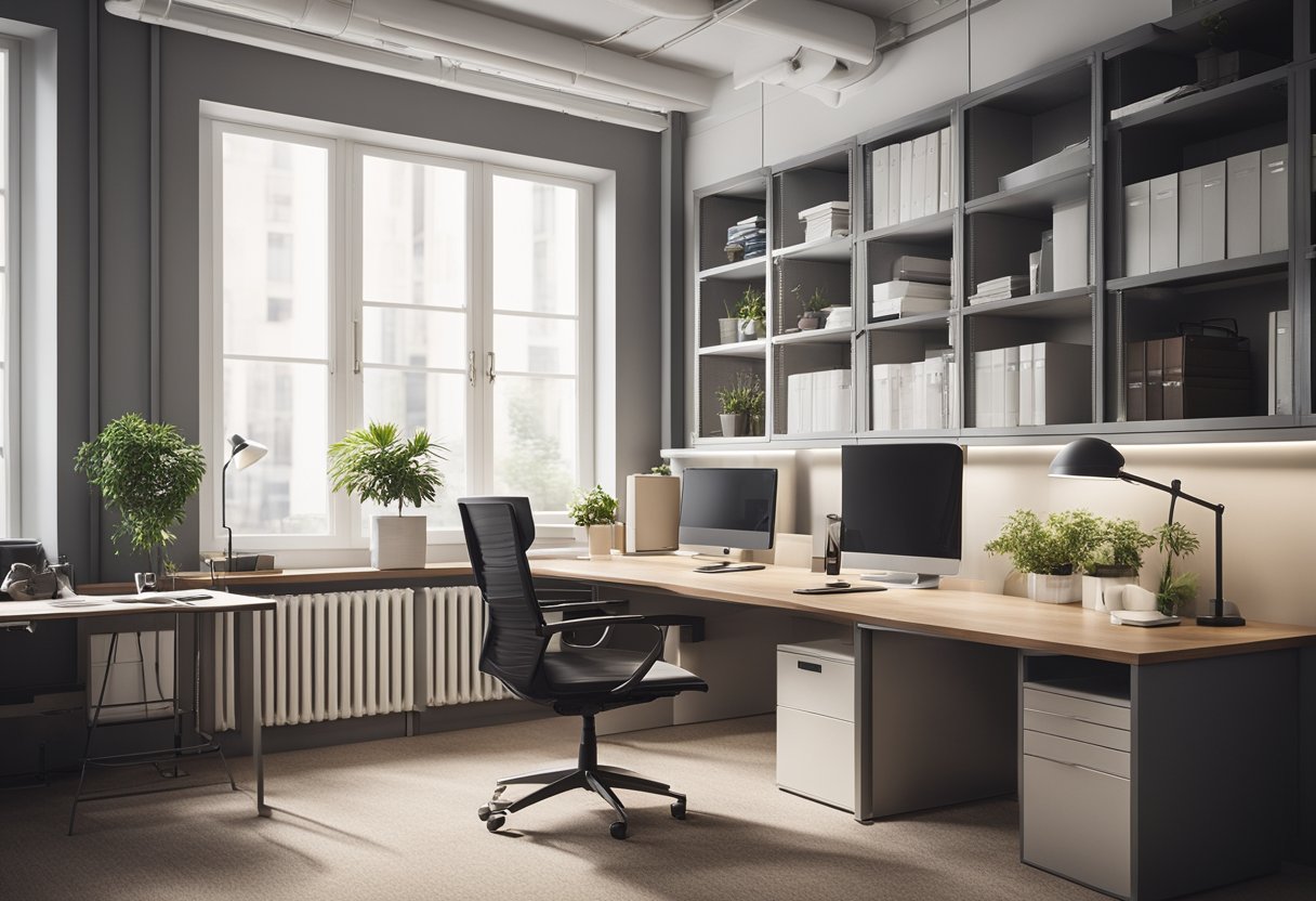 A small office with multifunctional furniture, organized storage, and natural light. Efficient use of space with minimal clutter and clean lines