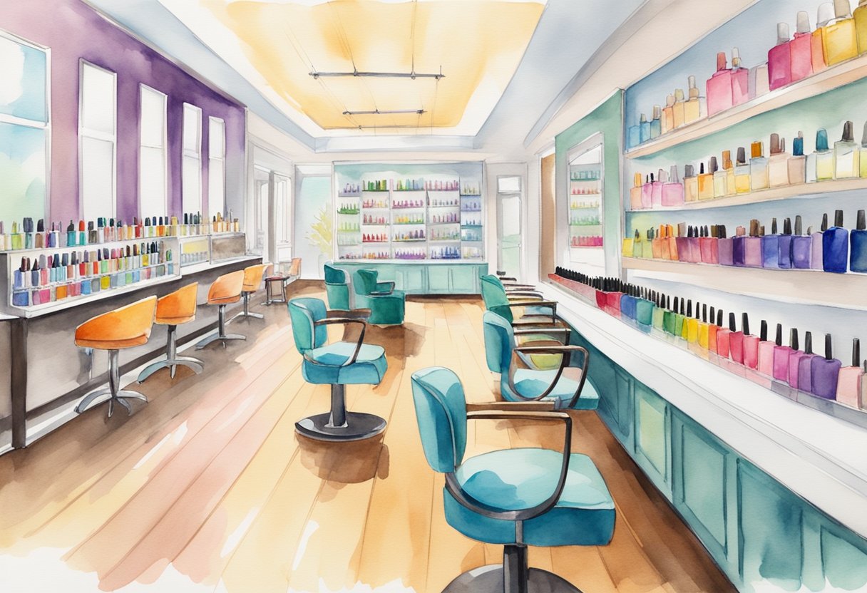 Brightly lit nail salon with rows of colorful polish bottles, elegant chairs, and a sleek counter displaying various nail products