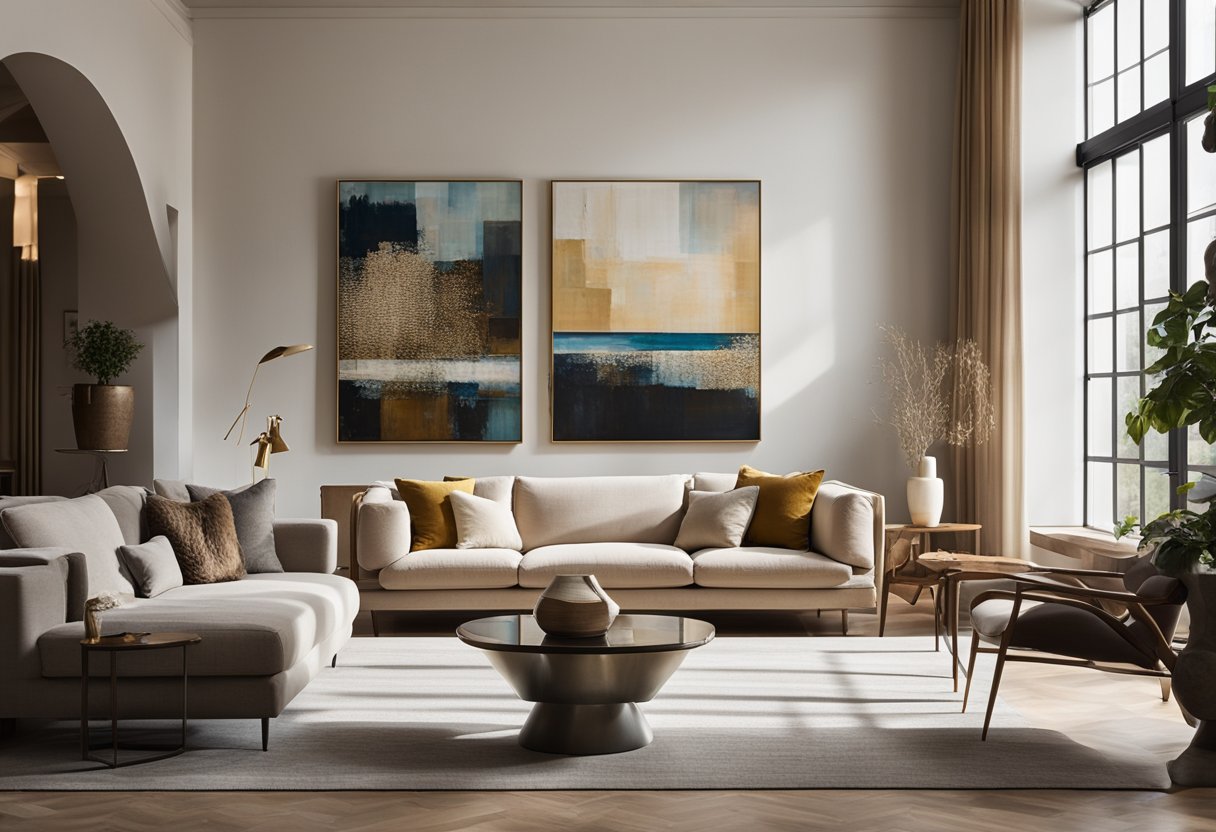 A cozy living room with a mix of modern and traditional art styles. A large abstract painting hangs on the wall, while a vintage sculpture sits on a nearby table. The room is filled with natural light and comfortable furniture