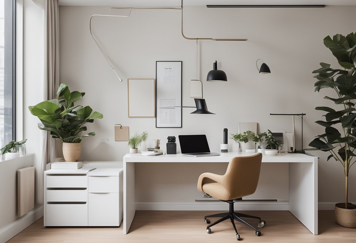 The small office features minimalist furniture, natural lighting, and a neutral color palette for a clean and modern aesthetic