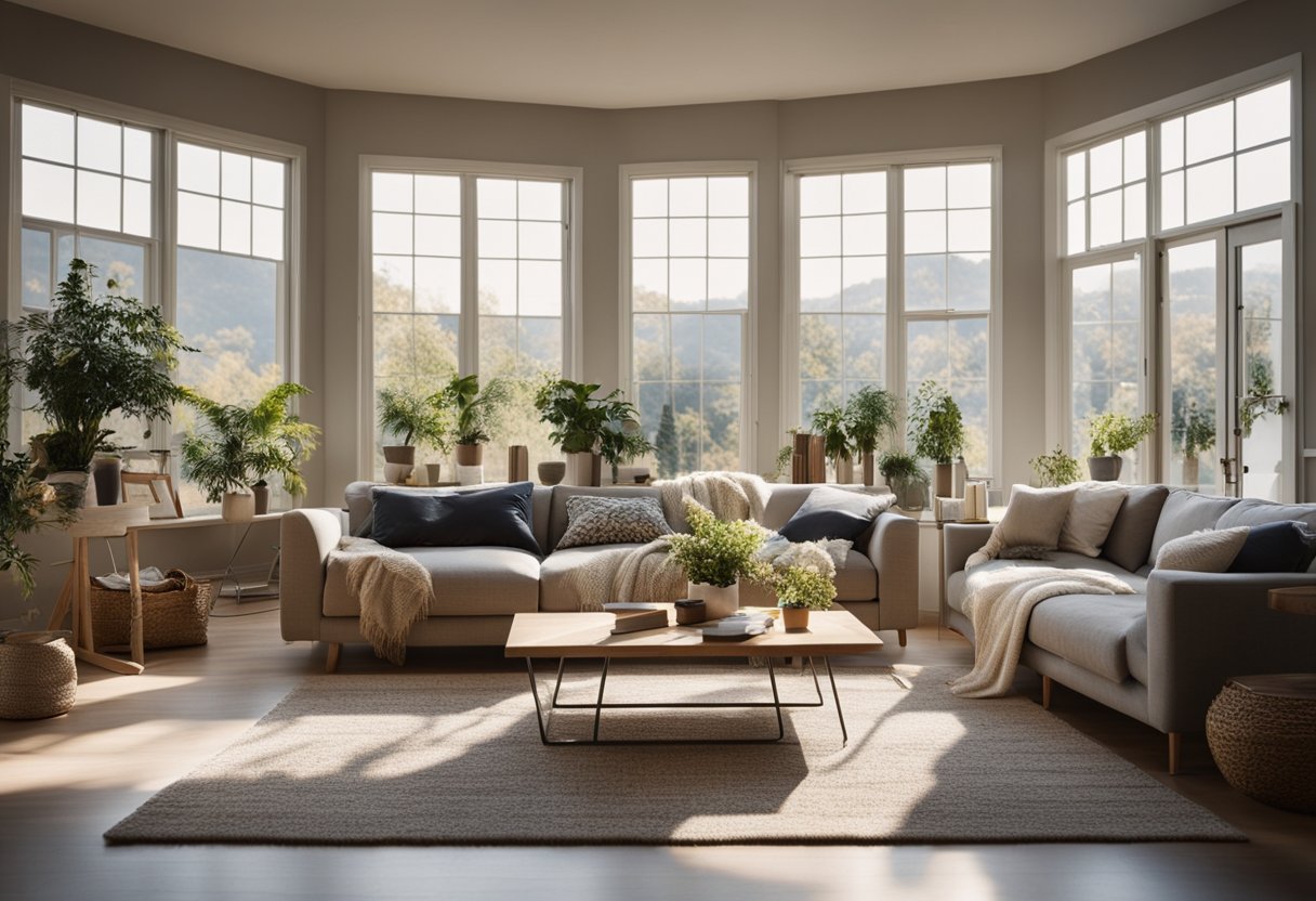A cozy living room with large windows, a comfortable sofa, and a spacious area for art supplies and easel. Natural light floods the room, creating an inviting and inspiring art space