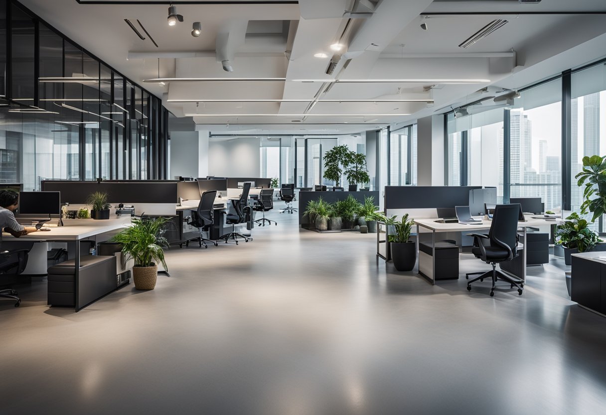A sleek, modern office space with a team of workers renovating and designing, showcasing the top 10 renovation company in Singapore