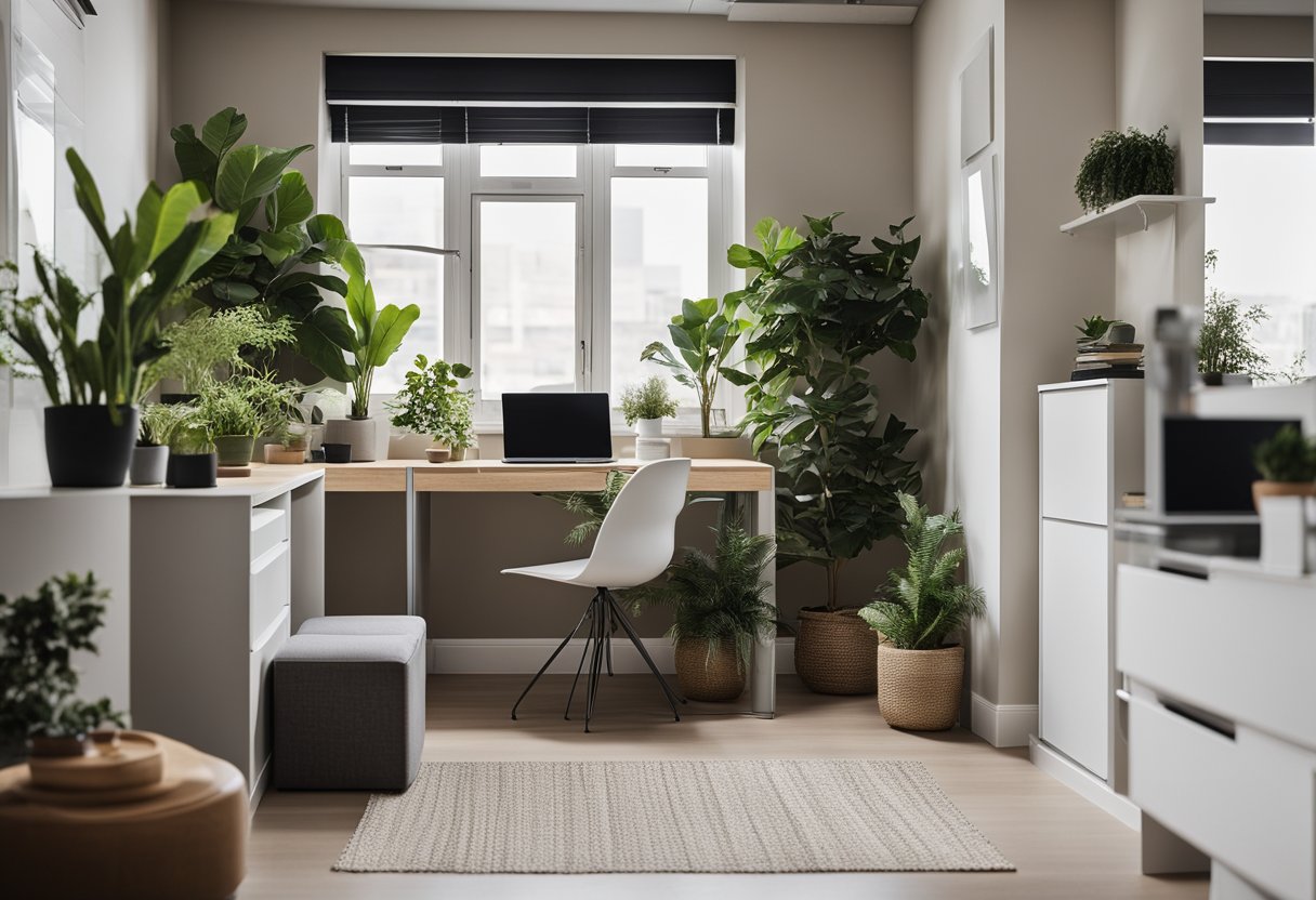A small office with modern furniture, efficient storage solutions, and a neutral color palette. Plants and natural light contribute to a welcoming atmosphere