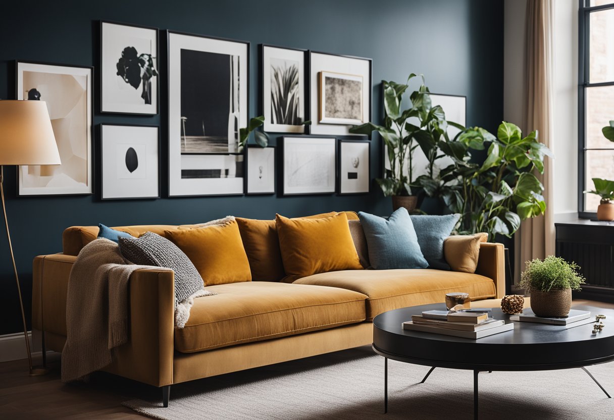 A cozy living room with a large, comfortable sofa, a stylish coffee table, and a vibrant gallery wall of various art pieces