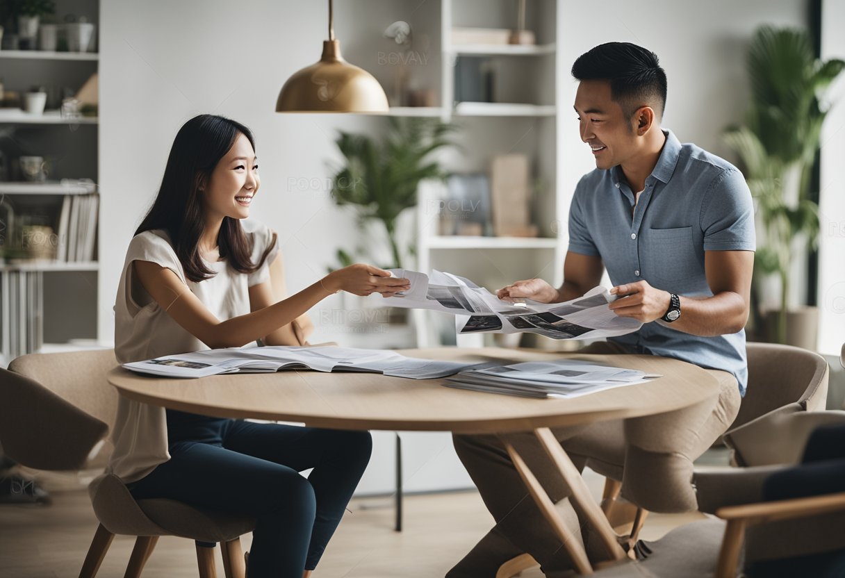 A couple sits at a table, surrounded by brochures and design samples. They are discussing with a representative from a top 10 renovation company in Singapore. The atmosphere is professional and collaborative, with a focus on finding the ideal partner for their home