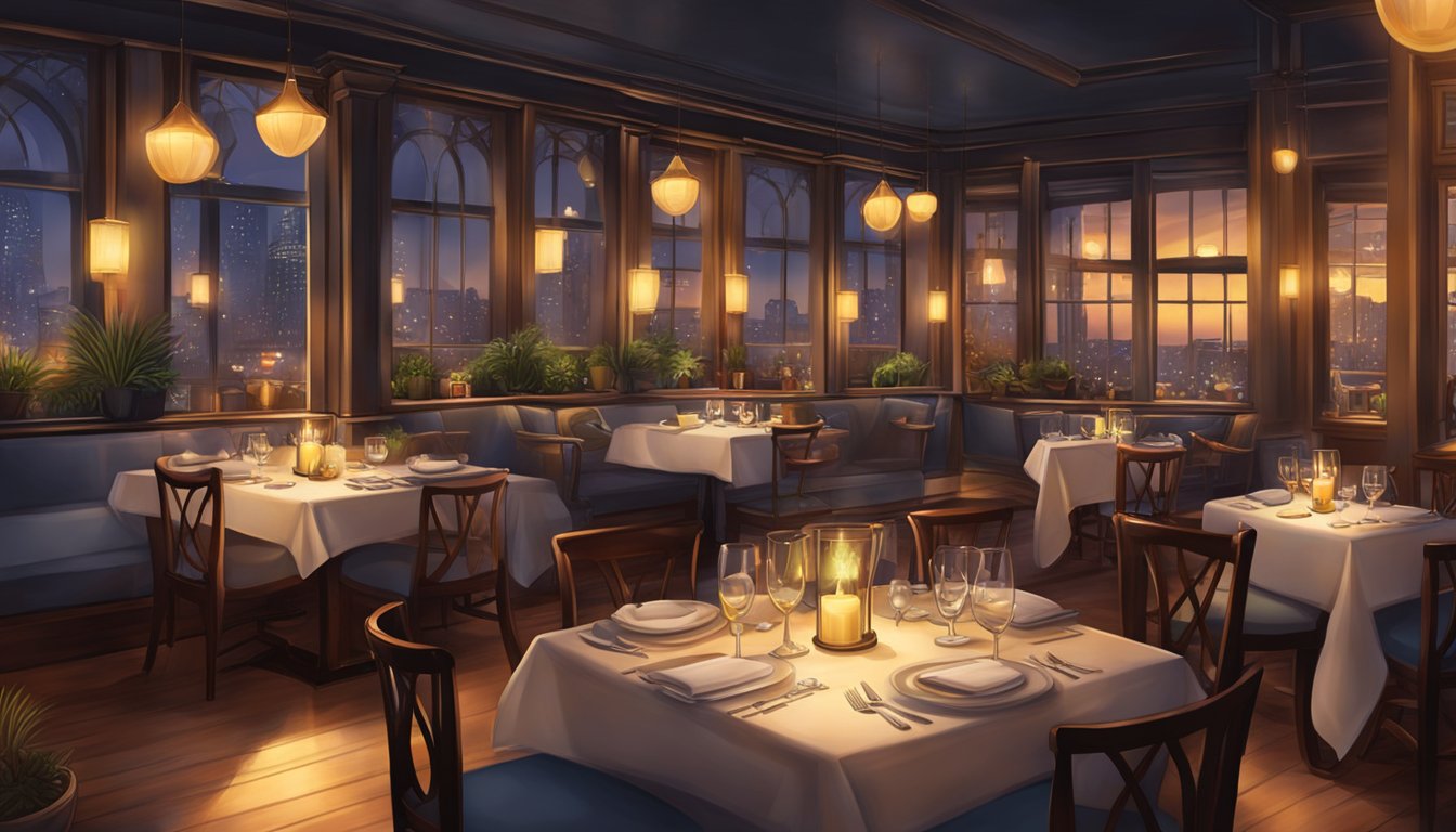 A cozy, candlelit restaurant with elegant table settings, soft music, and a view of a bustling city street