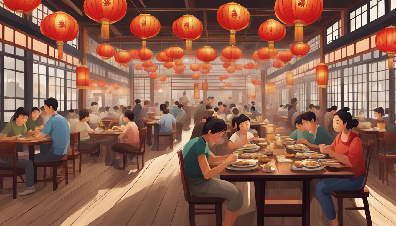 A bustling restaurant with traditional Chinese decor, red lanterns, and wooden tables filled with steaming plates of dumplings and noodles