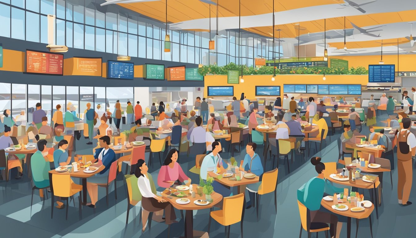 Busy airport restaurants with diverse cuisines, bustling with travelers and staff. Colorful signage and aromas fill the air. Tables and chairs are filled with people enjoying their meals