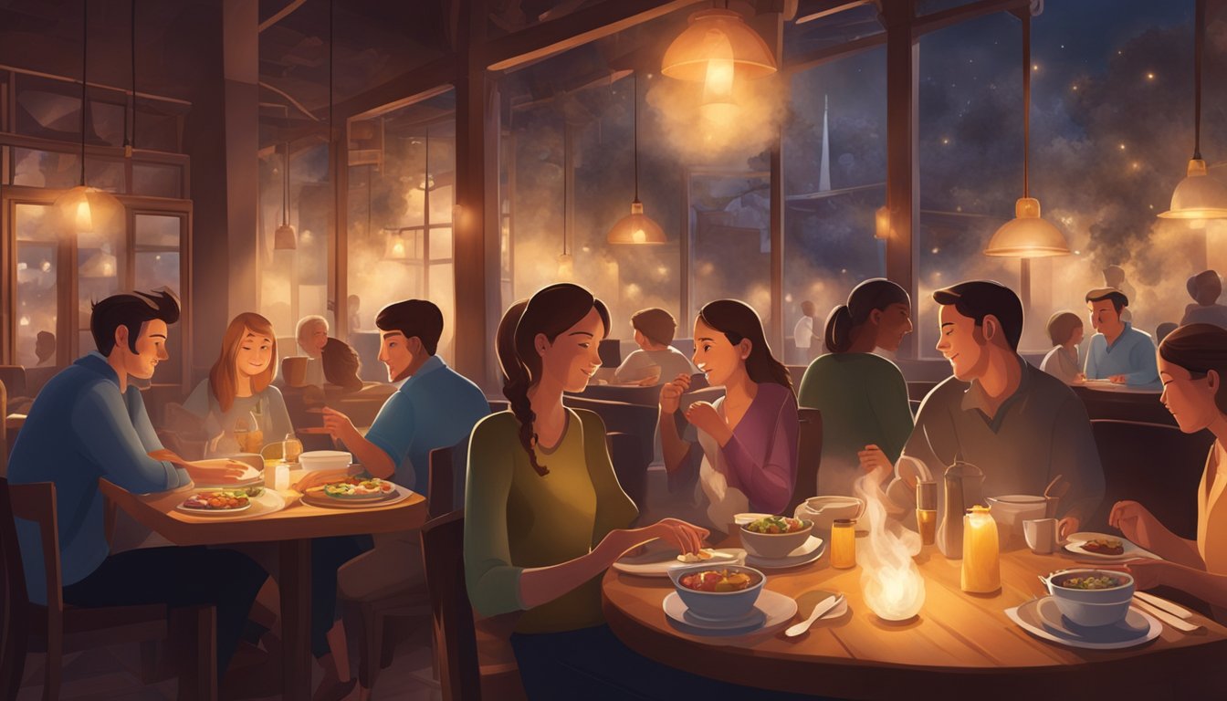 Customers enjoying diverse dishes in a cozy, dimly-lit restaurant with soft music playing in the background. Aromatic steam rises from the plates, creating a warm, inviting atmosphere