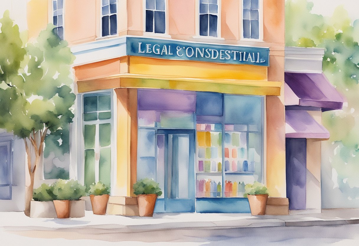 A colorful sign with "Legal Considerations and Branding Essentials" displayed prominently outside a trendy nail salon