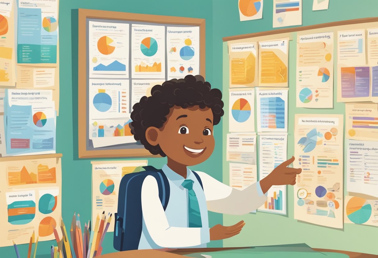 A child stands in front of a bulletin board covered with colorful posters and charts about different career paths. A parent smiles and points to the board, offering words of encouragement