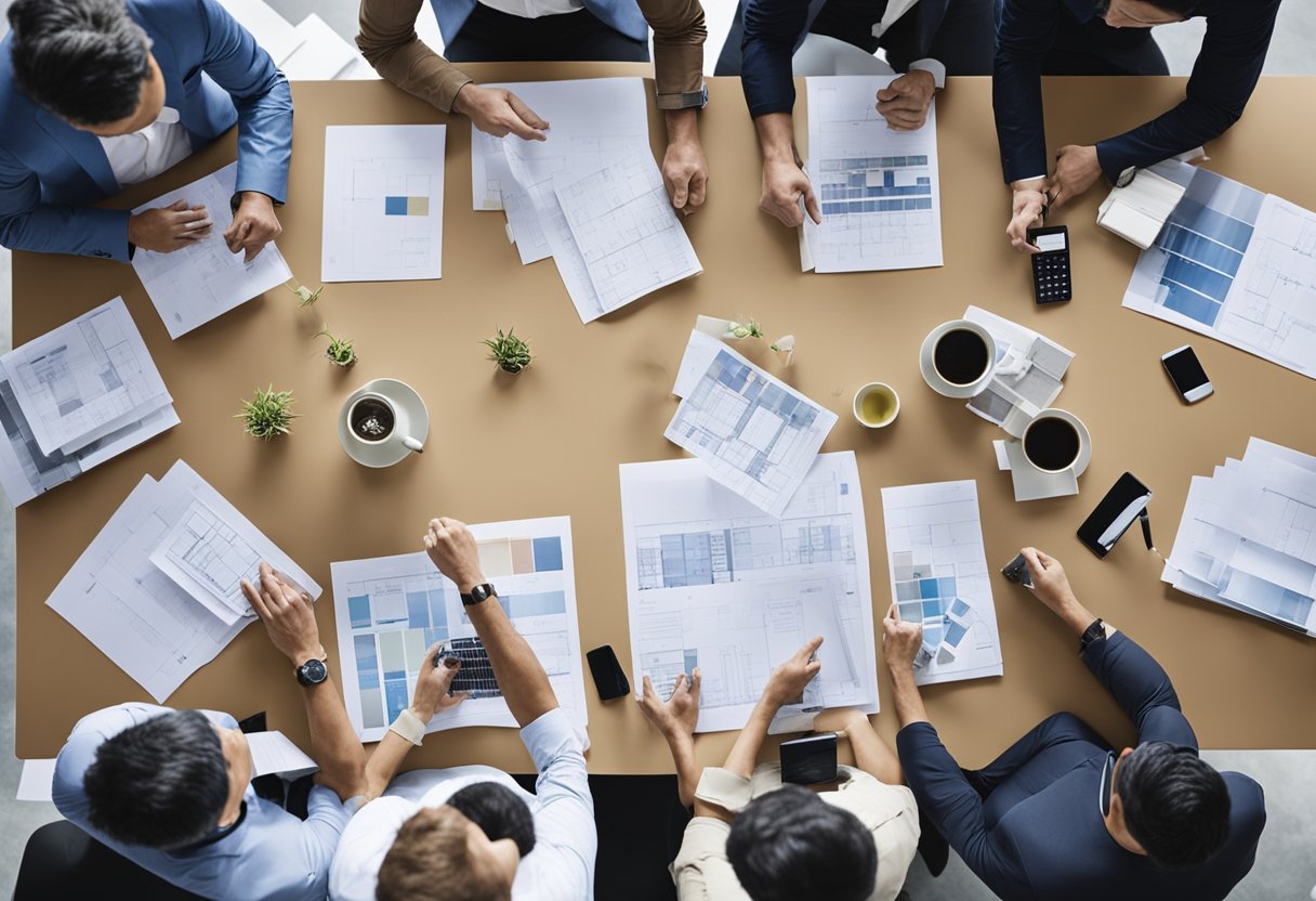 A group of architects and designers gather around a table, discussing plans and blueprints for a renovation project in Singapore. A mood board and samples of materials are spread out for inspiration