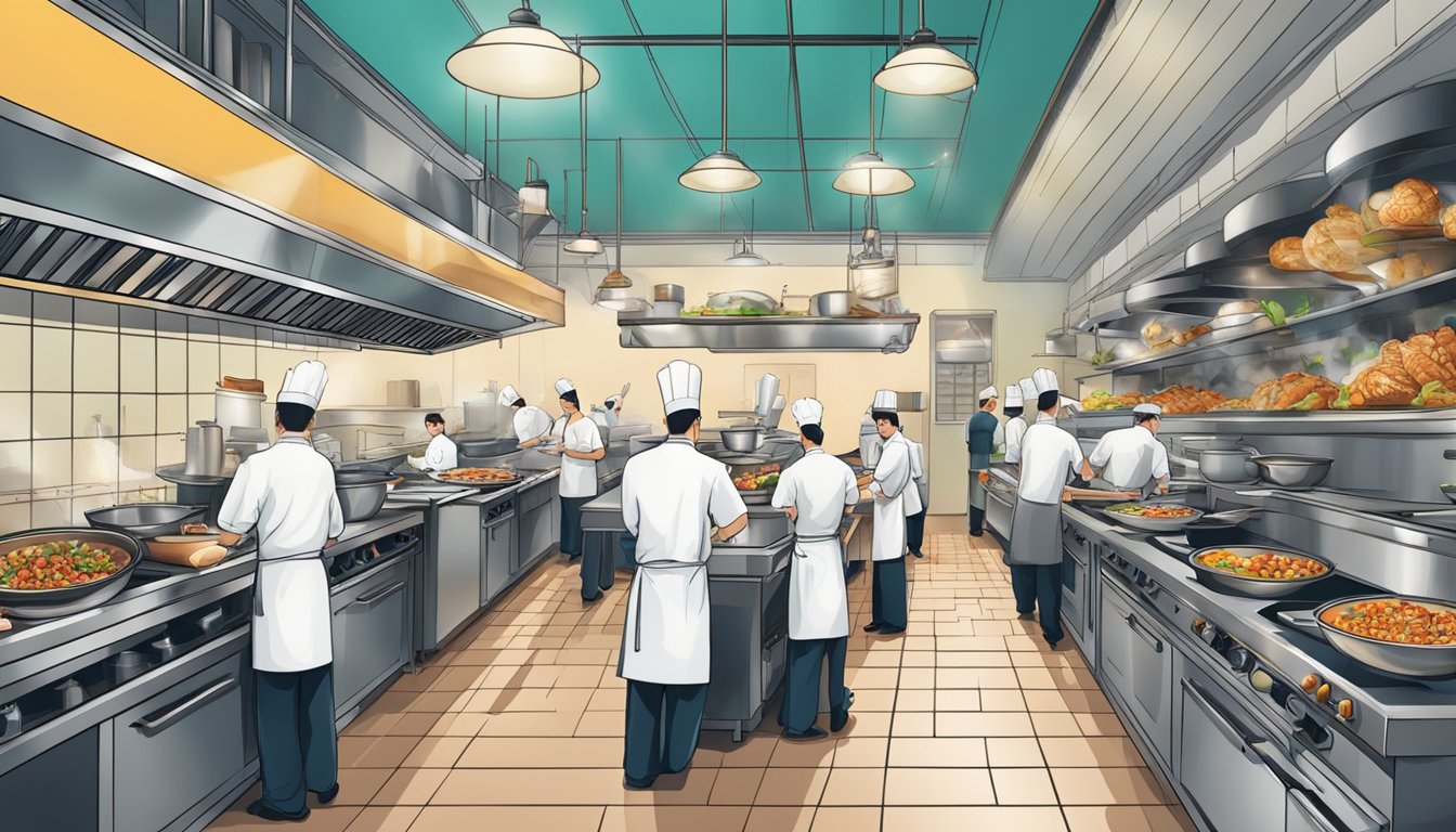 A bustling restaurant kitchen with chefs preparing traditional Chinese dishes in a vibrant and lively atmosphere