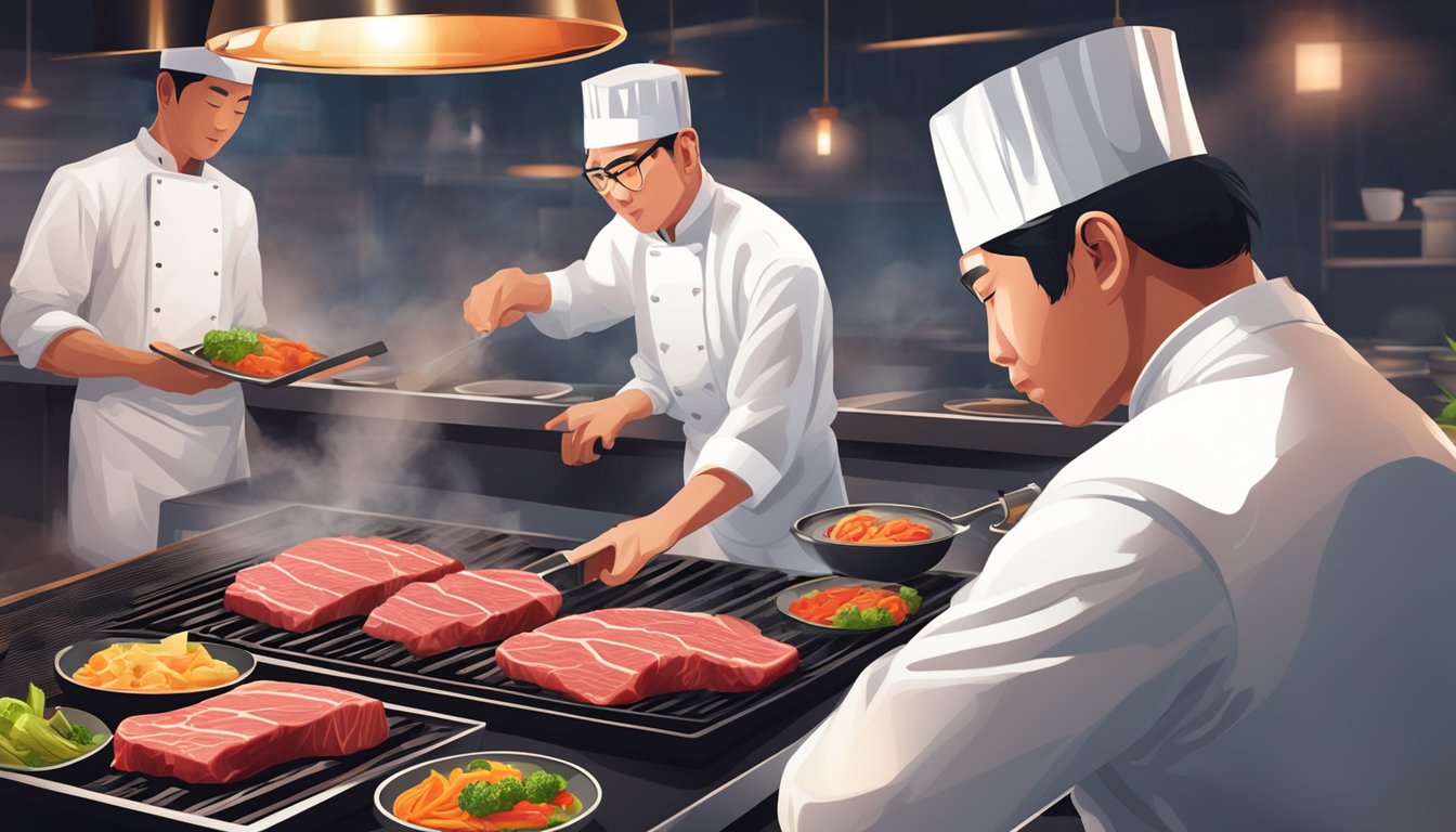 A sizzling hot plate of premium Wagyu beef is being expertly grilled by a skilled chef in a modern and elegant restaurant setting in Singapore