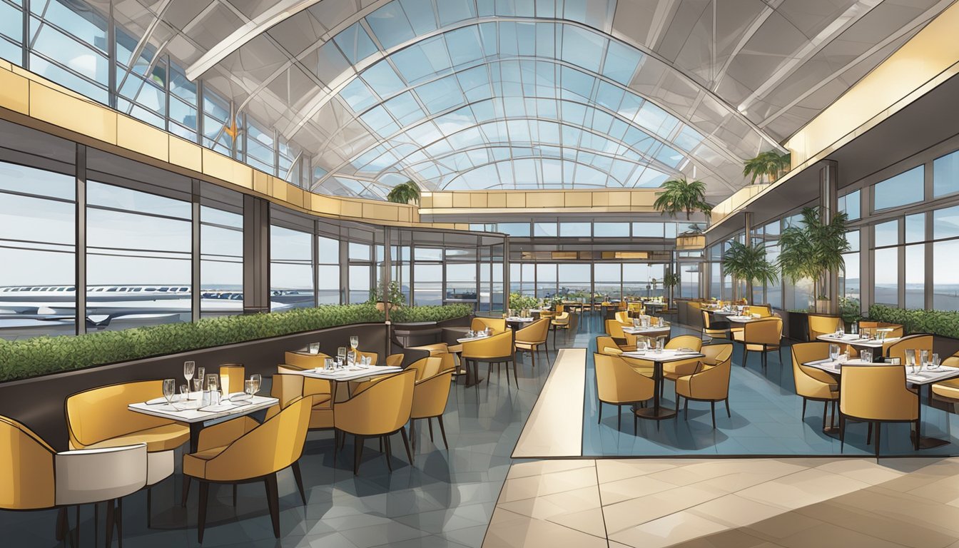 The airport restaurant bustles with activity as travelers enjoy gourmet meals and cocktails. The sleek, modern decor and expansive views of the runway create a sophisticated dining experience