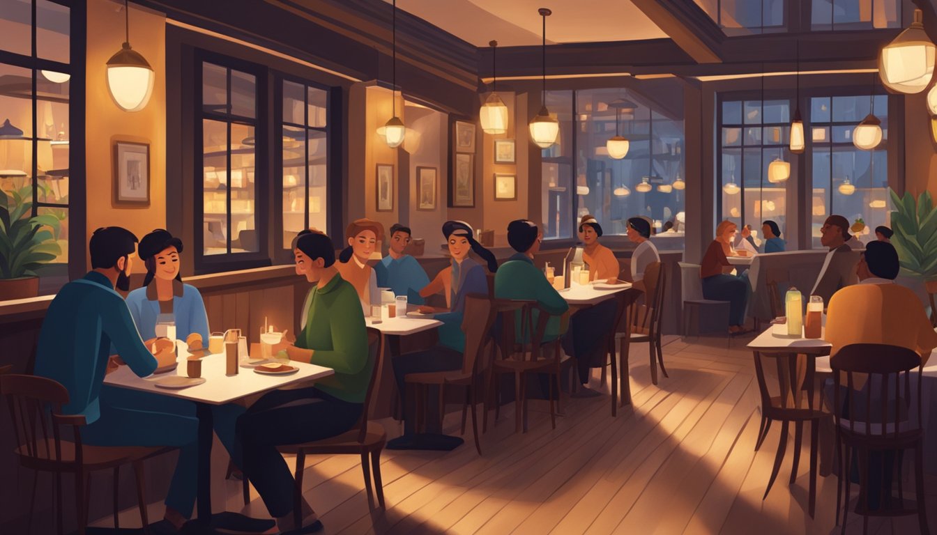 Customers sit at tables in a cozy, dimly lit restaurant. Soft music plays as waitstaff move gracefully between the tables, taking orders and delivering delicious meals