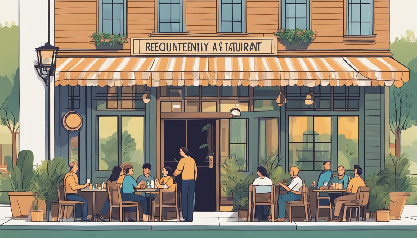 Customers line up outside a cozy restaurant with a sign that reads "Frequently Asked Questions a&a special restaurant." A waiter serves a table on the outdoor patio as others enjoy their meals