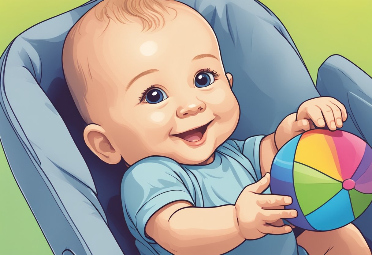 A smiling baby named Abel reaching out to grab a colorful toy
