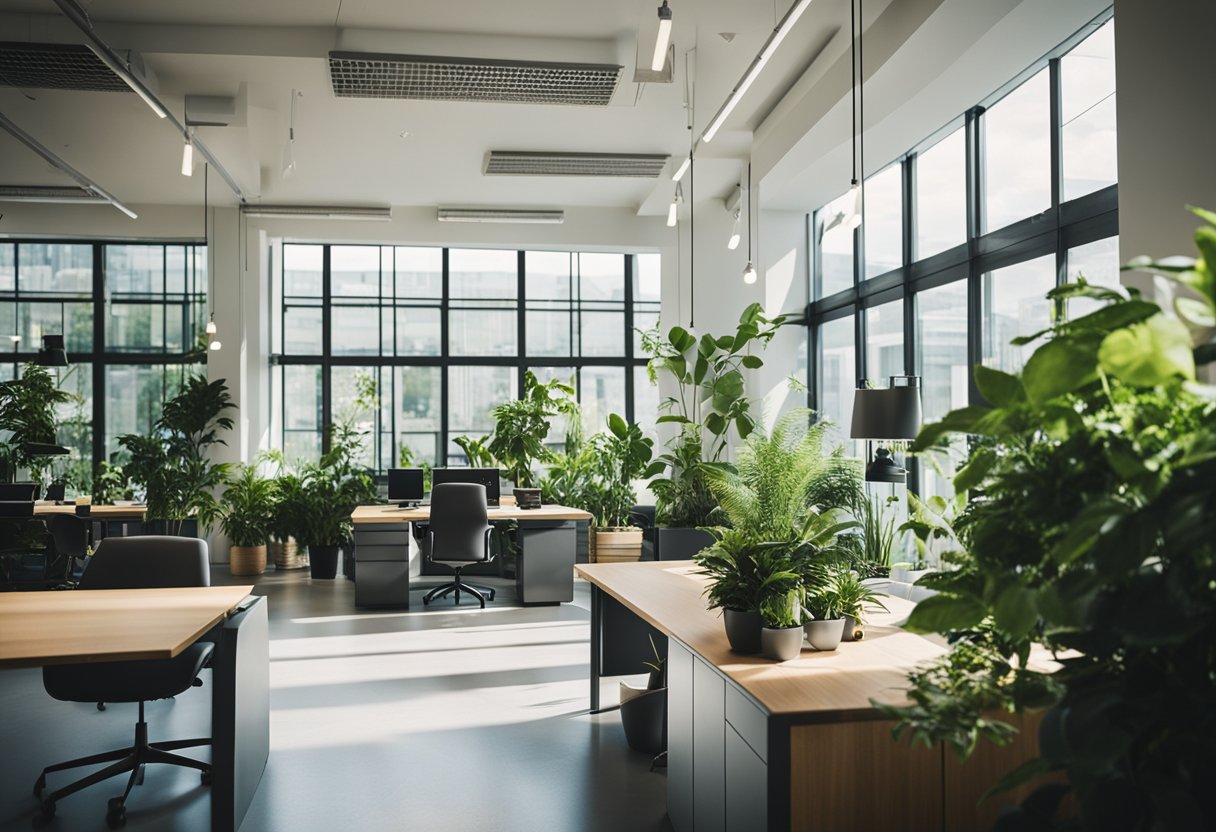 A bright office with modern furniture and large windows, filled with natural light and vibrant green plants