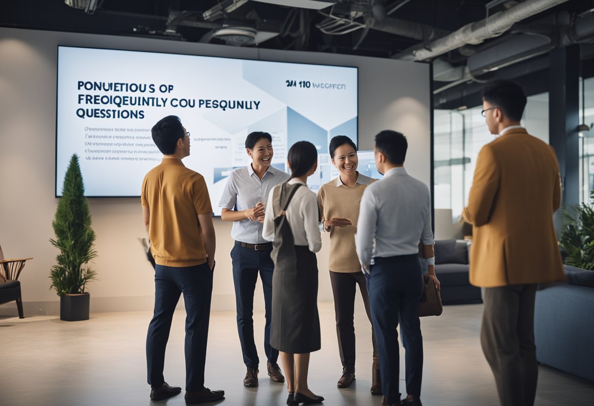 A group of people gather around a renovation company's top 10 frequently asked questions in Singapore. The questions are displayed prominently on a digital screen, with the company's logo in the background