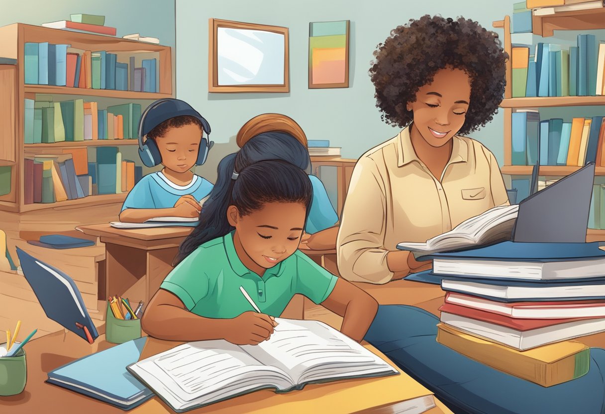 A child exploring career options with parents and caregivers offering guidance and support. Books, computers, and educational materials surround them, creating an environment of learning and discovery
