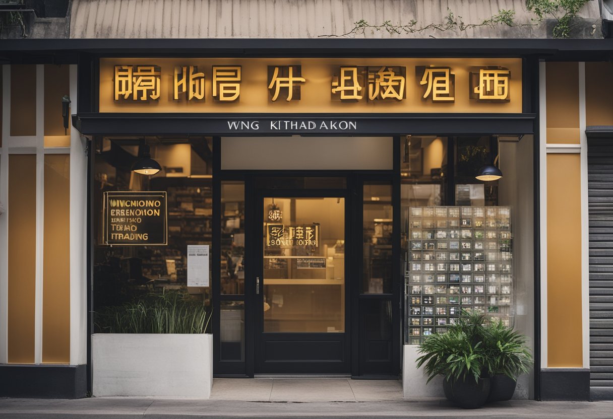 A storefront with a sign reading "Wing Khiong Renovation & Trading" in bold letters, with contact information displayed prominently
