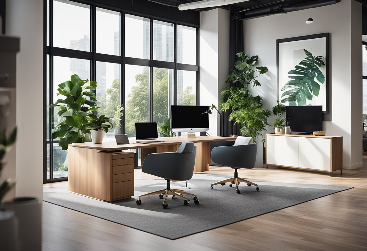 A spacious, well-lit office with large windows, modern furniture, and vibrant accent colors. Plants and artwork add a touch of nature and creativity to the space