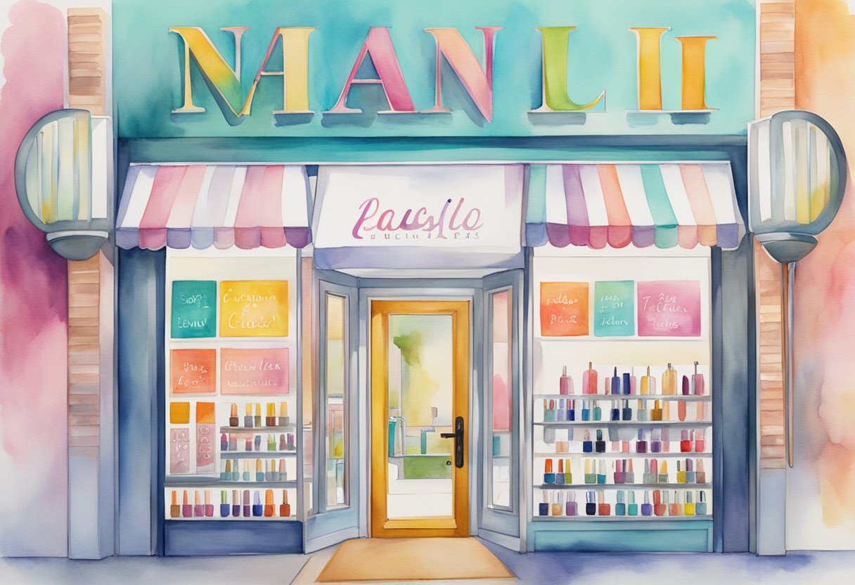 A colorful sign hangs above a clean, modern nail salon entrance. The name is displayed in bold, stylish lettering, surrounded by images of nail polish bottles and manicure tools