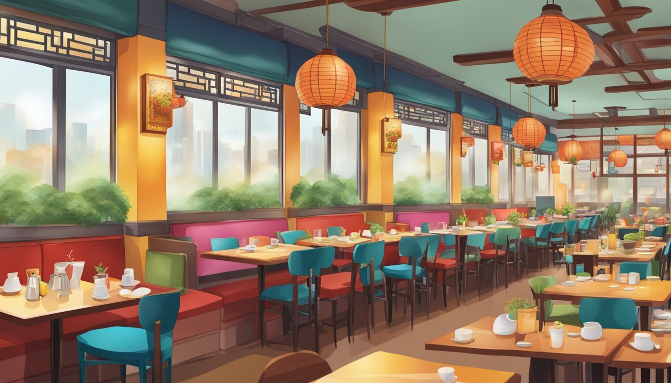 The bustling Ang Mo Kio Chinese restaurant with colorful decor and steaming dishes on tables