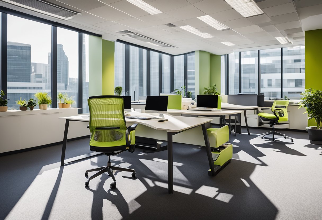 The office space features bright, modern design with sleek furniture, vibrant accent colors, and ample natural light, creating a welcoming and functional environment