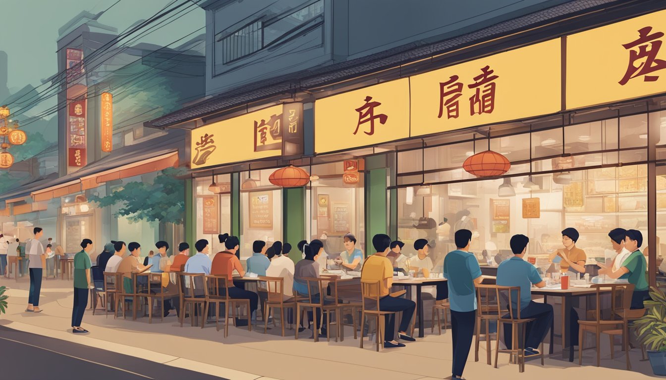 A bustling Chinese restaurant in Ang Mo Kio, with customers dining, waitstaff serving, and a prominent "Frequently Asked Questions" sign displayed