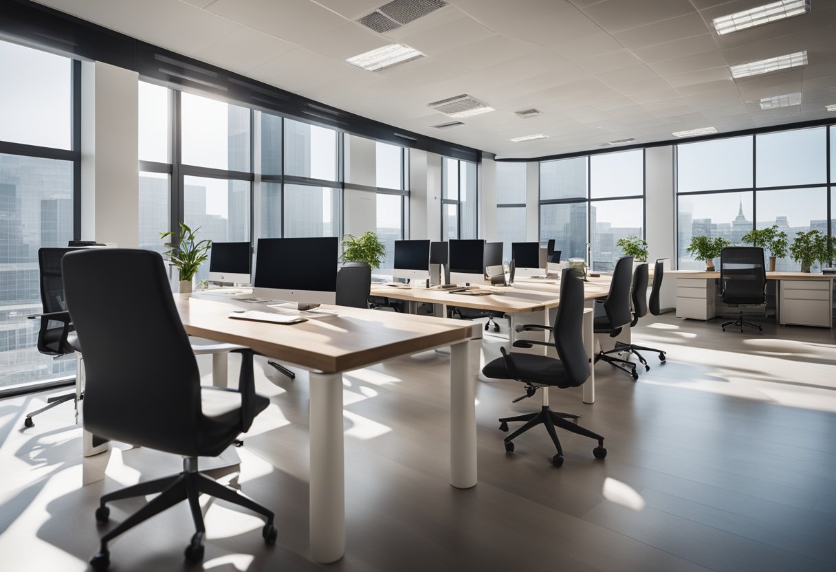 A modern office with bright, open spaces and sleek, minimalist furniture. Large windows let in natural light, creating a welcoming and energizing atmosphere