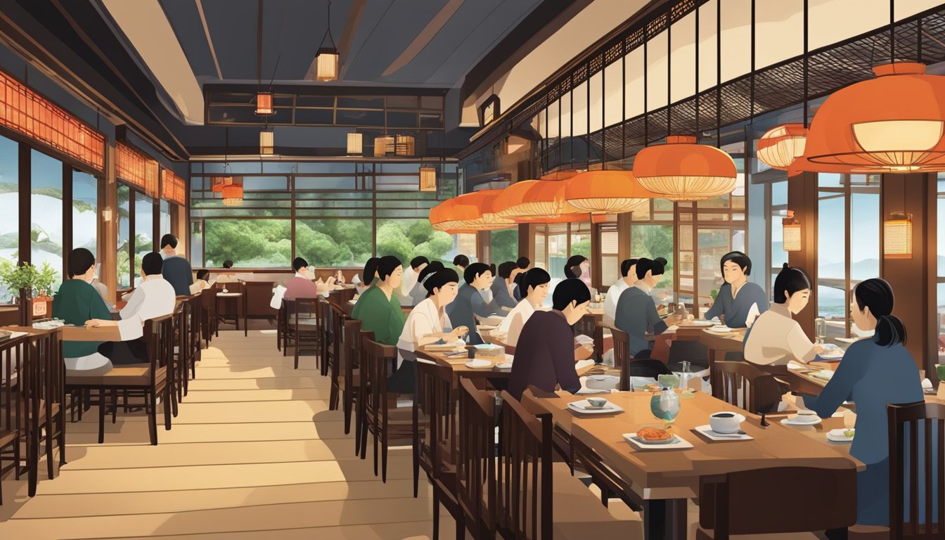 A bustling Japanese restaurant at Asia Square, with customers dining and staff serving. The interior is adorned with traditional Japanese decor and the aroma of sizzling dishes fills the air