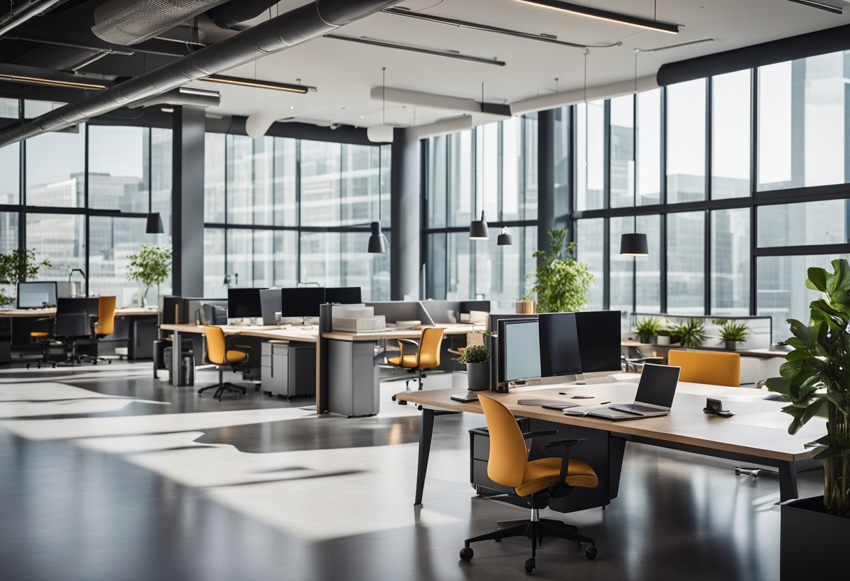 A modern office space with sleek furniture, vibrant colors, and abundant natural light. Open floor plan with designated collaborative areas and private workspaces