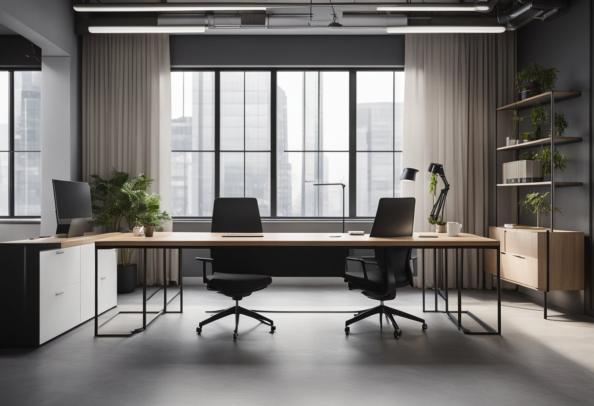 A modern 200 sqft office interior with sleek furniture, a minimalist desk, and a large window providing natural light
