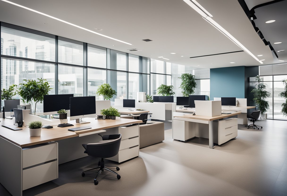 A modern, sleek office space with clean lines and minimalistic decor. A reception area with a large, welcoming desk and comfortable seating. Bright, natural lighting and a neutral color palette create a professional and inviting atmosphere
