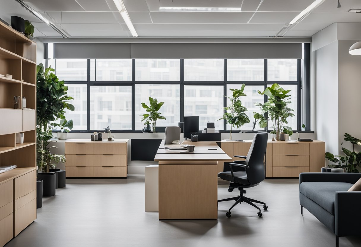 A minimalist 200 sqft office with sleek, modular furniture, ample natural light, and a neutral color palette for a clean and efficient work environment