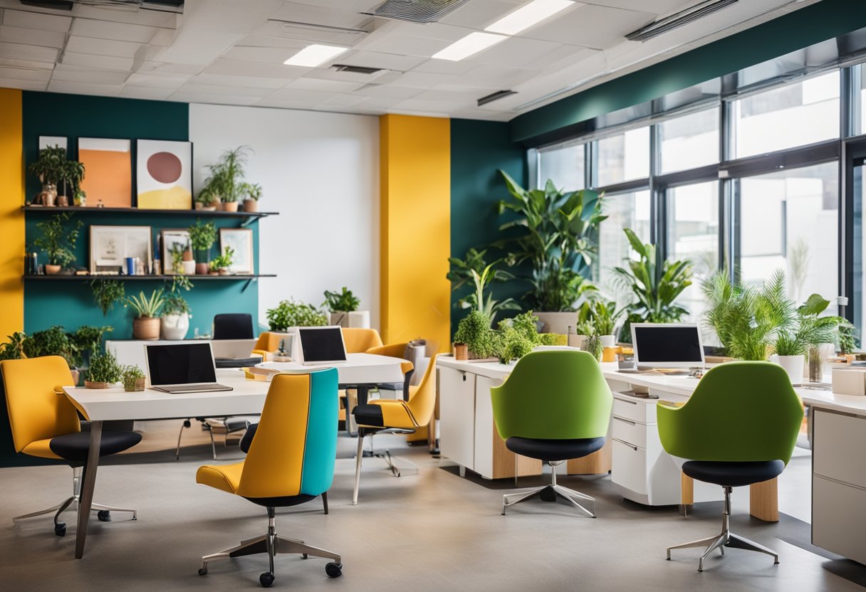 Vibrant office with bright furniture, bold patterns, and colorful artwork on the walls. Plants and natural light add to the lively atmosphere