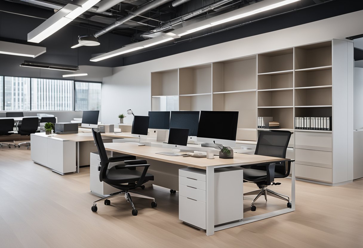 A modern, minimalist office with sleek furniture, ample natural light, and strategic storage solutions. Clean lines, neutral color palette, and ergonomic workstations create a harmonious and efficient workspace