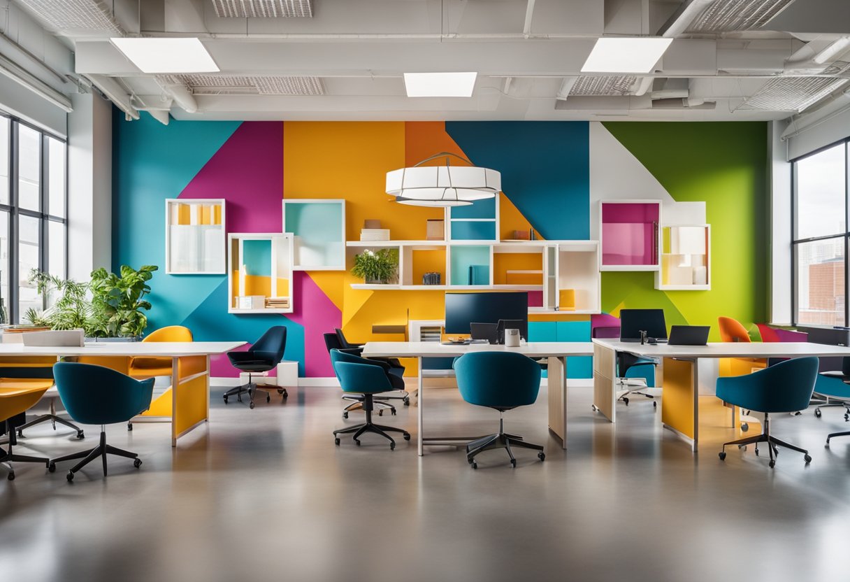 Vibrant furniture, bright accent walls, and colorful artwork adorn the open office space. Natural light floods in through large windows, illuminating the cheerful design