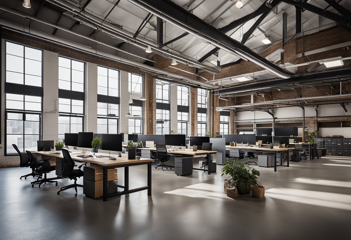 The warehouse office space features high ceilings, exposed beams, large windows, and industrial-style furniture. The open layout includes a mix of workstations, meeting areas, and storage shelves