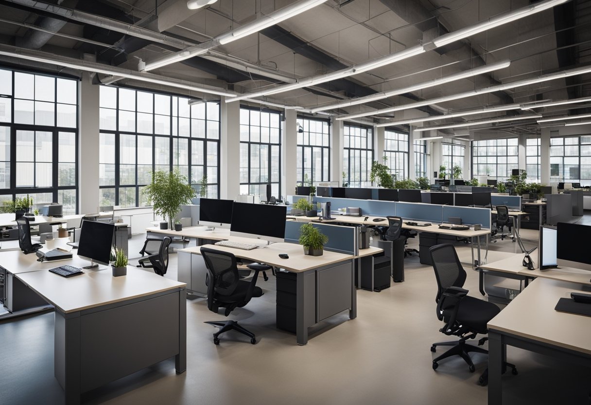 An open, well-lit warehouse office with modular desks, ergonomic chairs, and storage shelves. Natural light streams in through large windows, creating a productive work environment