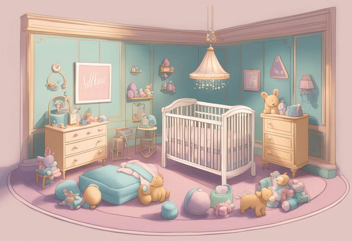 A crib with the name "Adeline" written in elegant cursive letters, surrounded by soft, pastel-colored blankets and toys